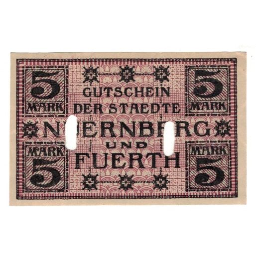 Banknote, Germany, Nuernberg u. Fuerth, 5 Mark, valeur faciale, 1918