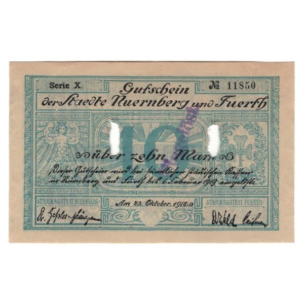 Banconote, Germania, Nuernberg u. Fuerth, 10 Mark, valeur faciale, 1918