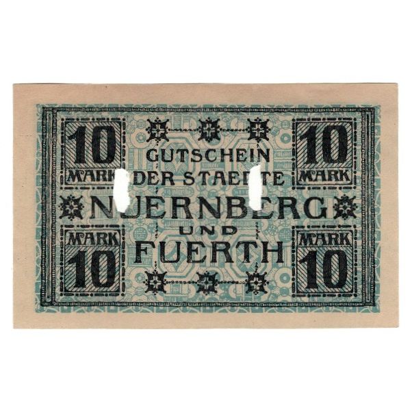 Banconote, Germania, Nuernberg u. Fuerth, 10 Mark, valeur faciale, 1918