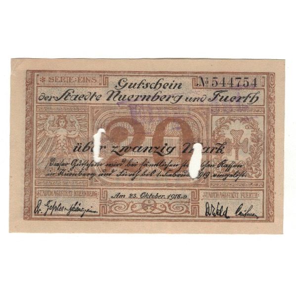 Banconote, Germania, Nuernberg u. Fuerth, 20 Mark, valeur faciale, 1918