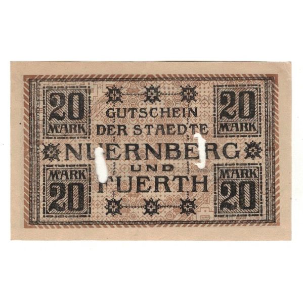 Banconote, Germania, Nuernberg u. Fuerth, 20 Mark, valeur faciale, 1918