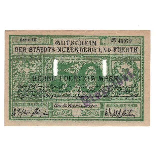 Banknote, Germany, Nuernberg u. Fuerth, 50 Mark, valeur faciale, 1918