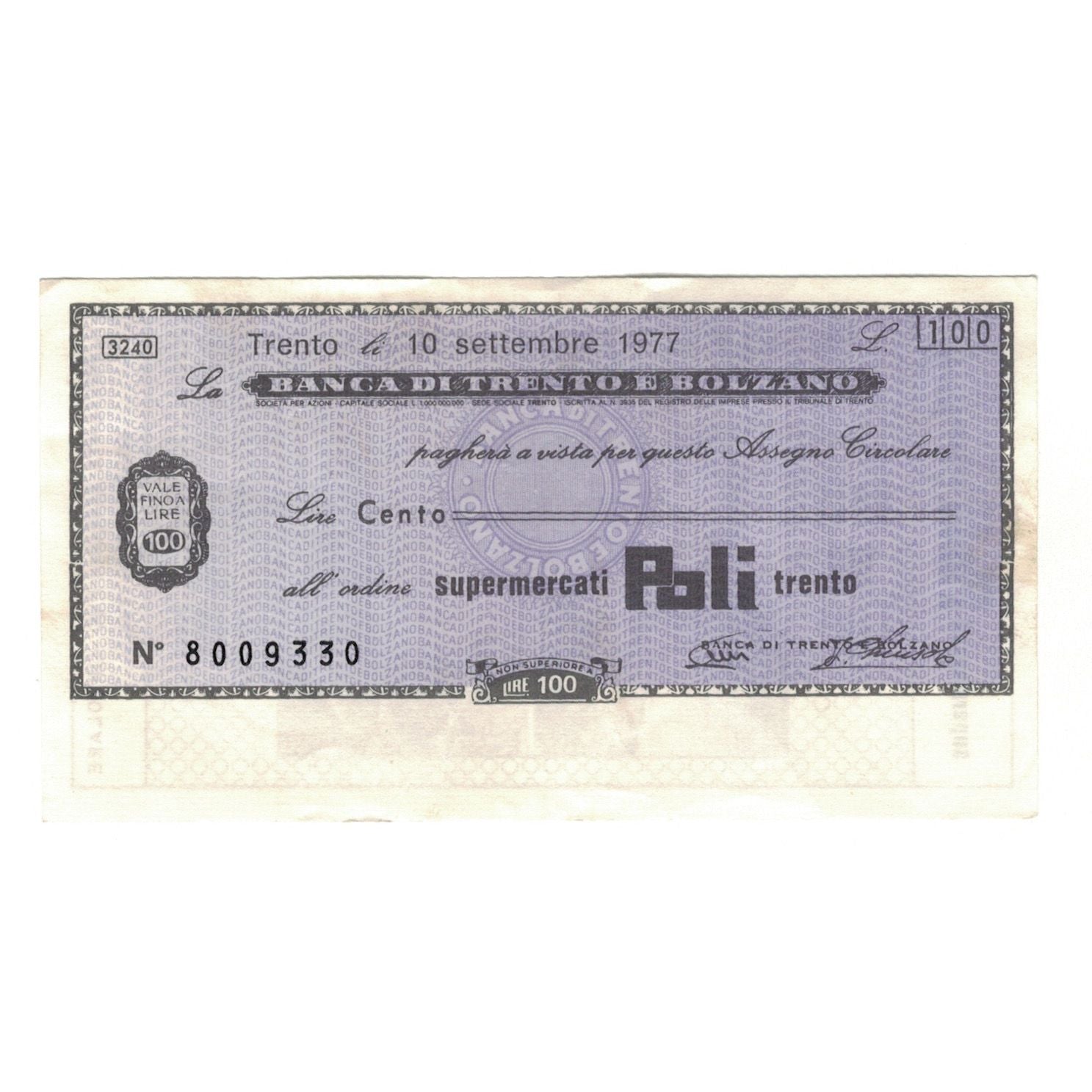 Billete, 100 Lire, 1977, Italia, 1977-09-10, Banca di Trento e Bolzano, EBC