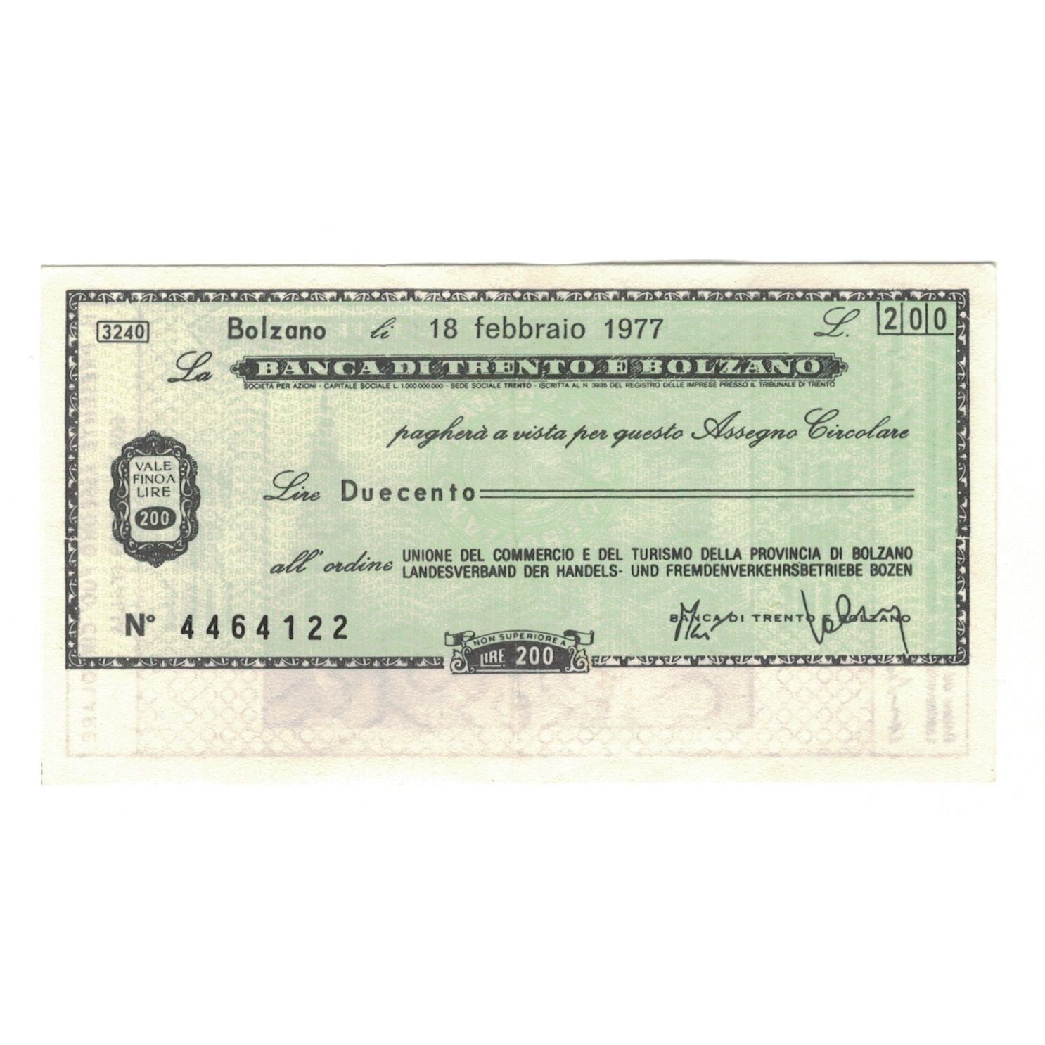 Billete, 200 Lire, 1977, Italia, 1977-02-18, Banca di Trento e Bolzano, EBC