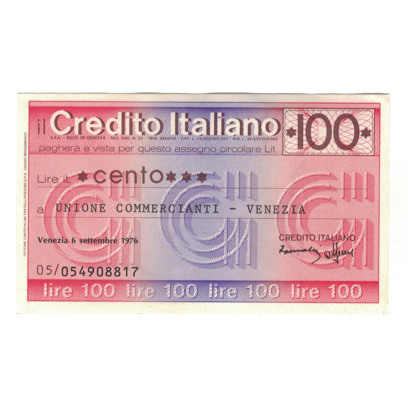 Banconote, Italia, 100 Lire, 1976, 1976-09-06, Credito Italiano, FDS