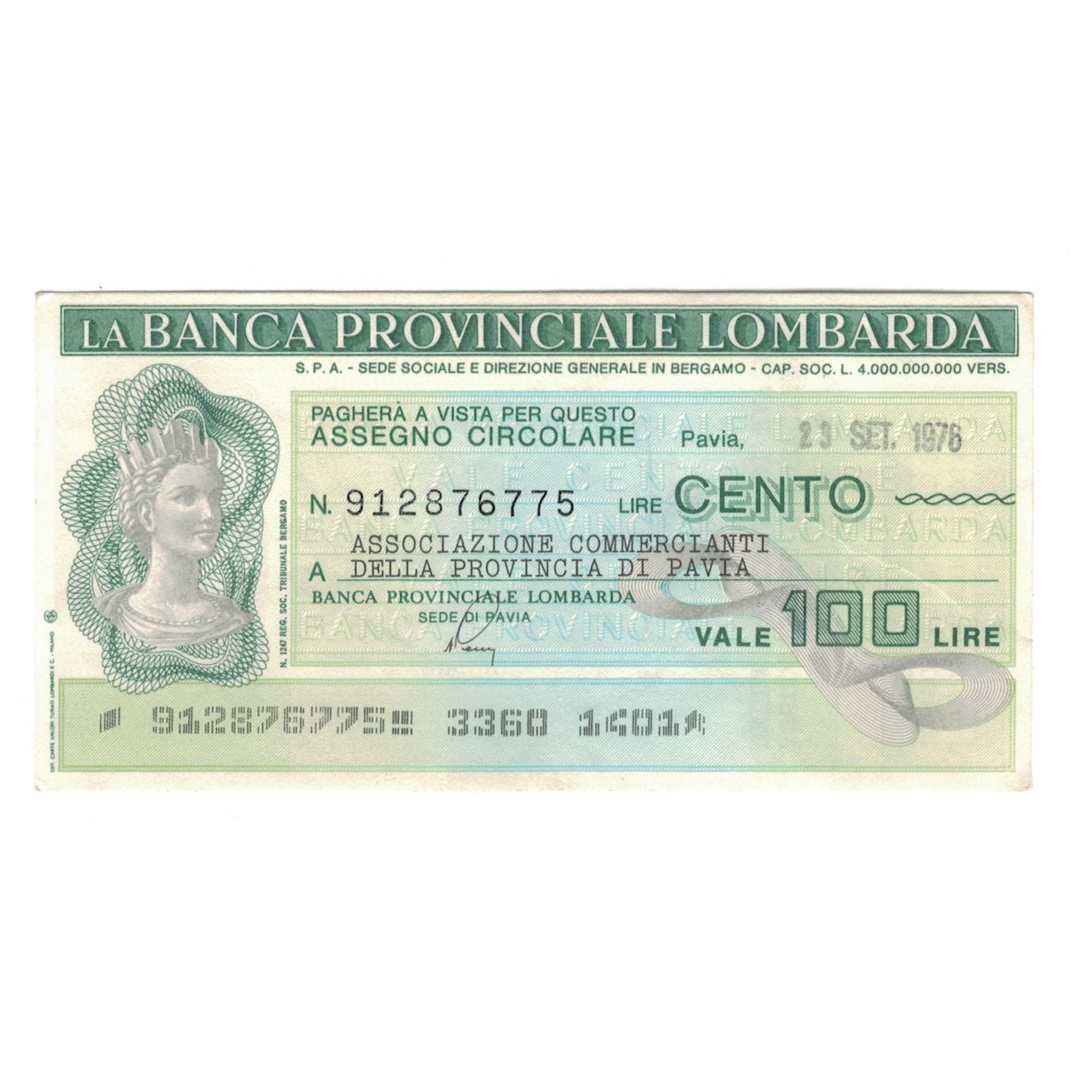 Billet, Italie, 100 Lire, 1976, 1976-09-23, Banca Provinciale Lombarda, SUP