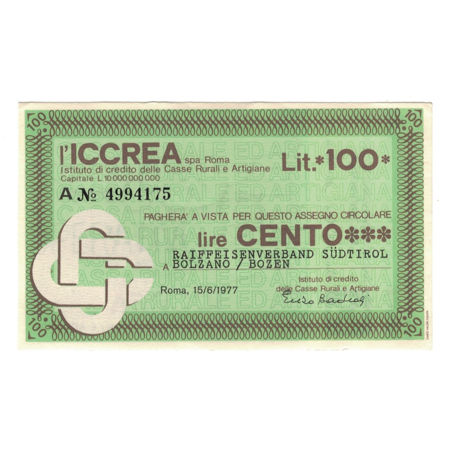 Billete, 100 Lire, 1977, Italia, 1977-06-15, ICCREA, EBC