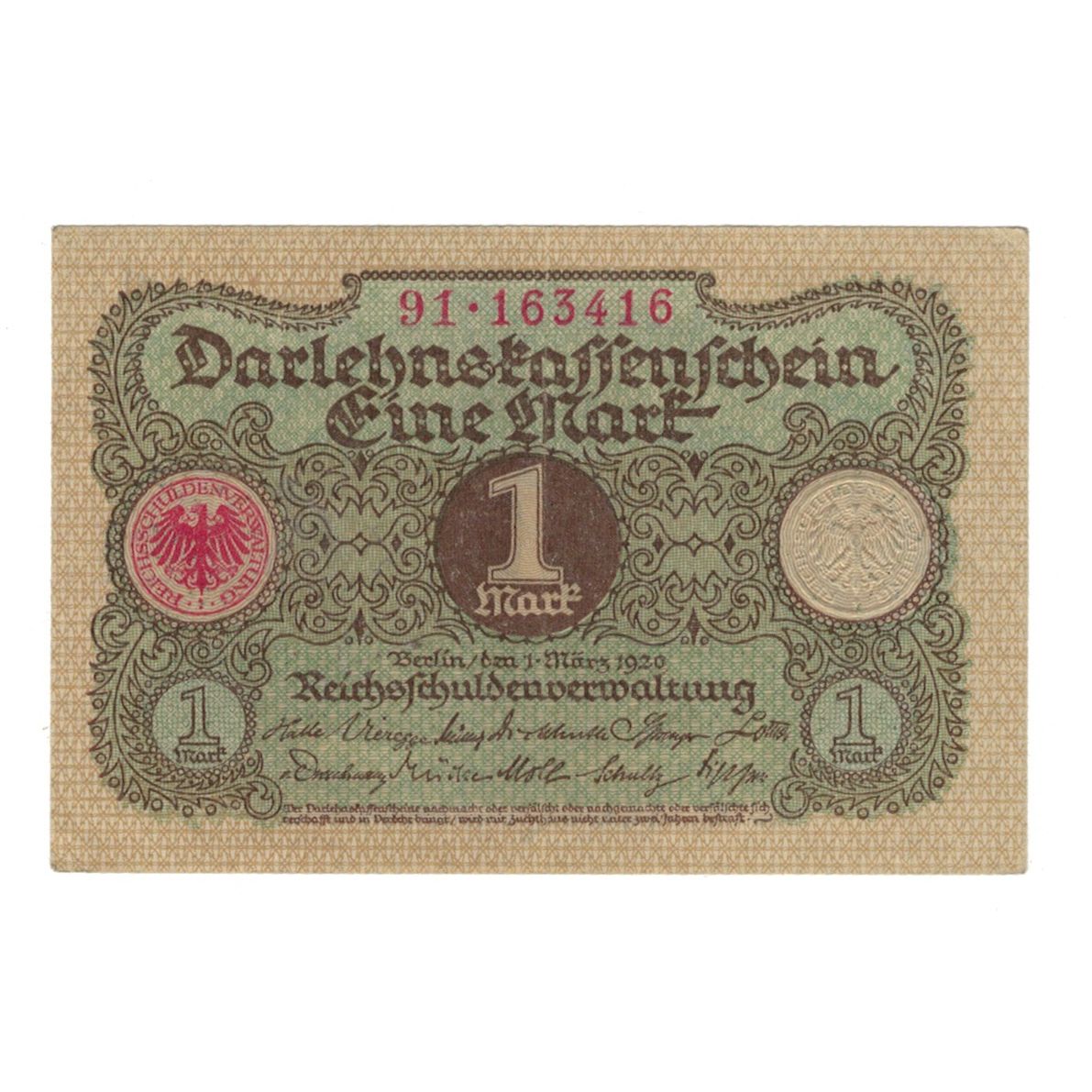 Banknote, Germany, Darlehnskassenschein (State Loan Currency Note), 1 Mark