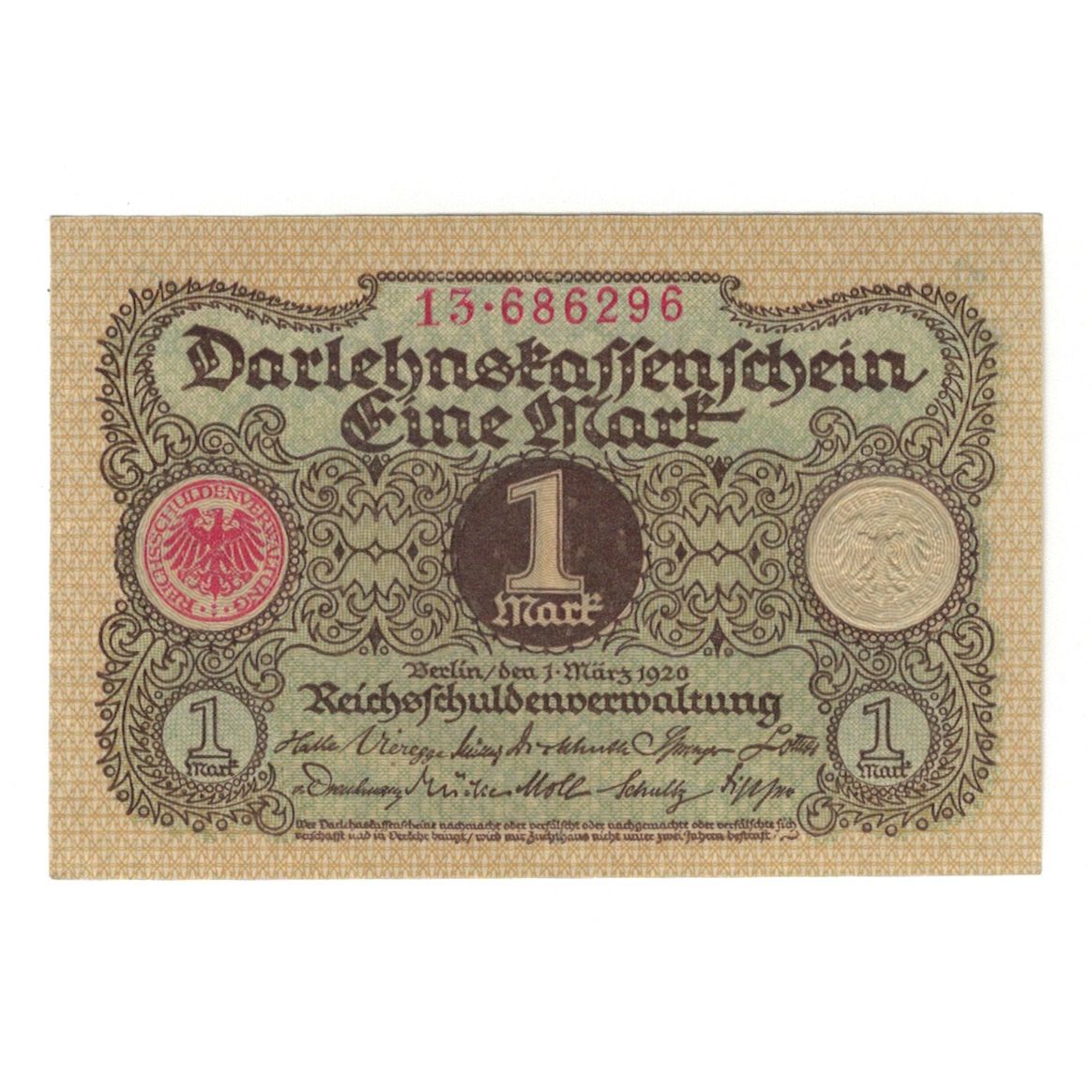 Banconote, Germania, Darlehnskassenschein (State Loan Currency Note), 1 Mark