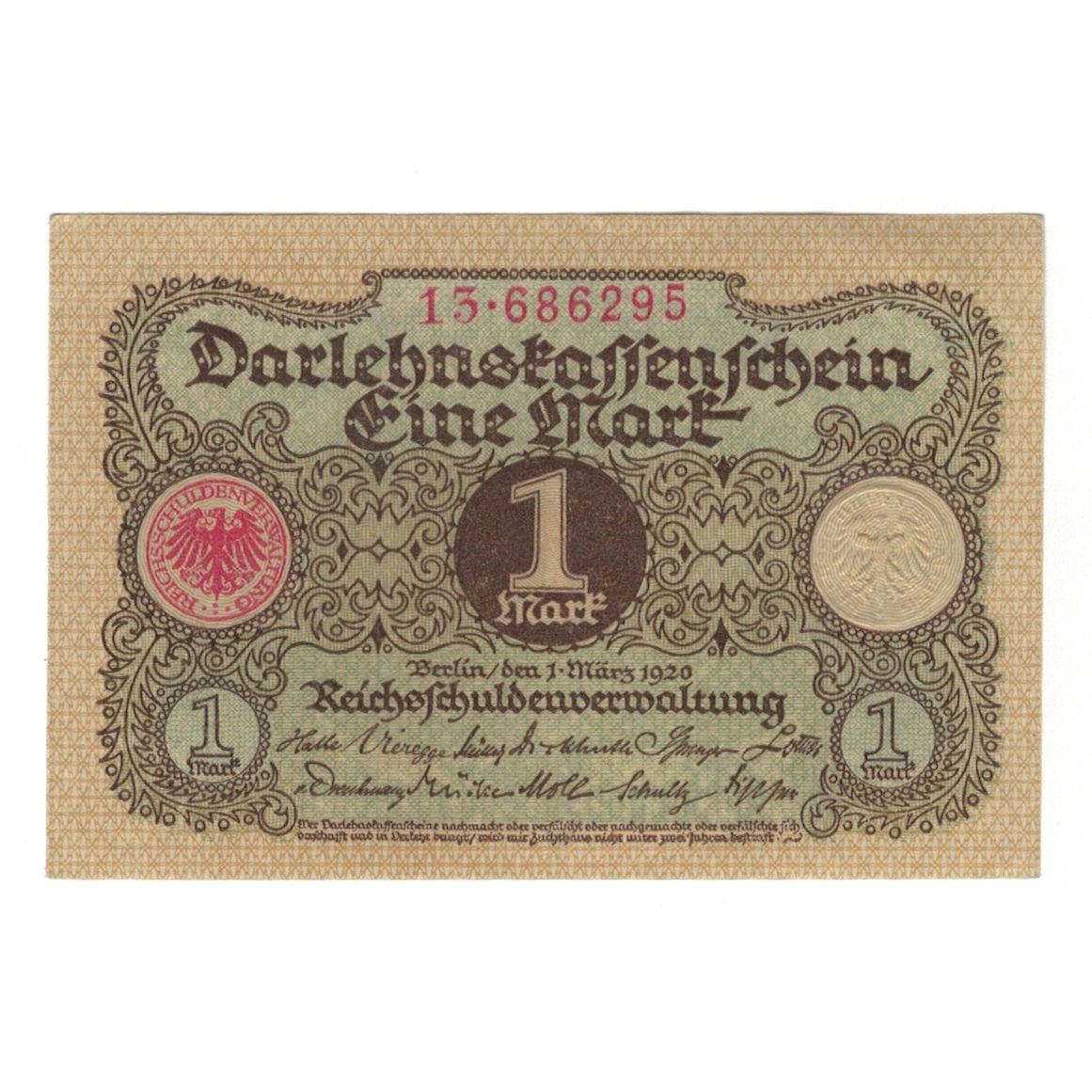 Banconote, Germania, Darlehnskassenschein (State Loan Currency Note), 1 Mark