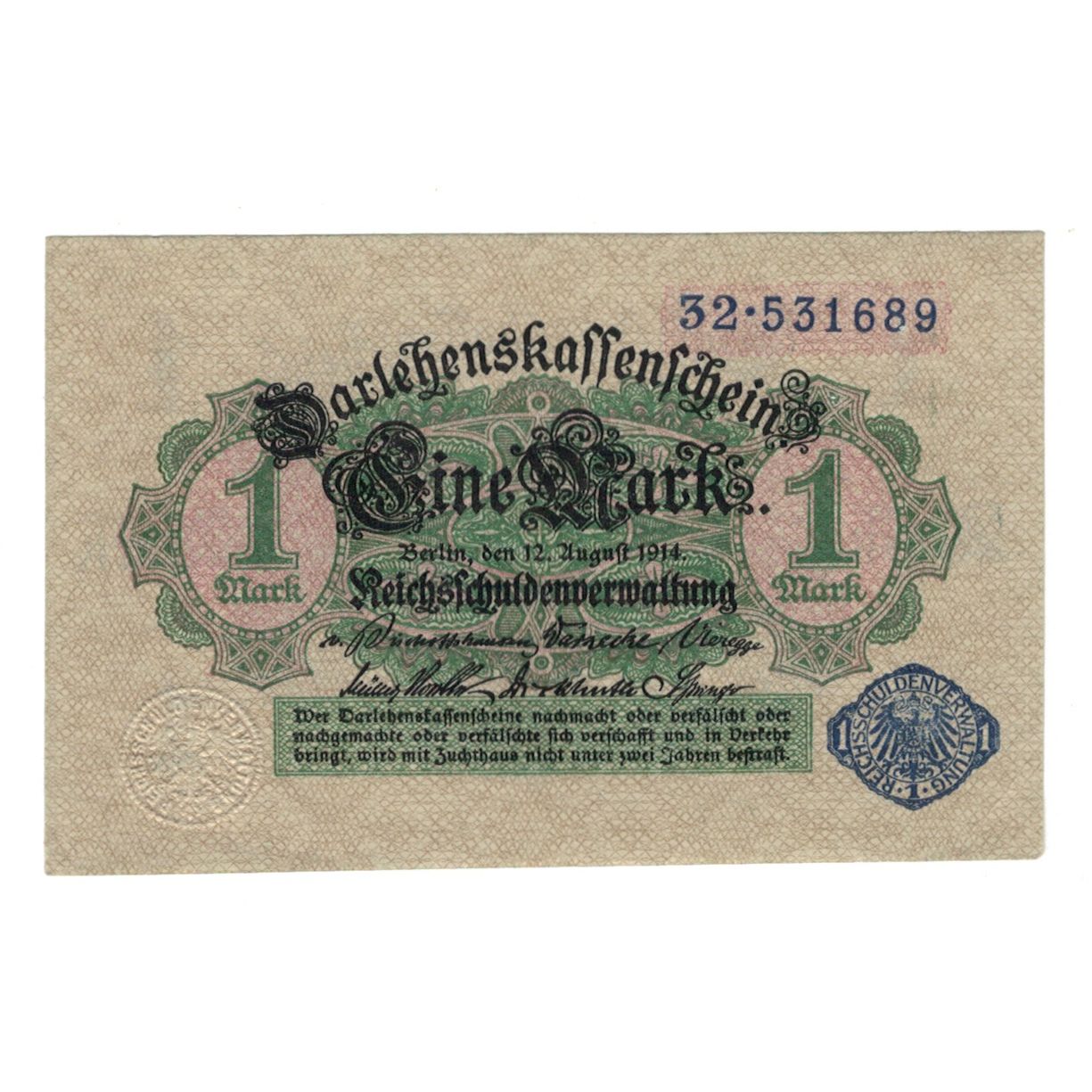 Banknote, Germany, Darlehnskassenschein (State Loan Currency Note), 1 Mark