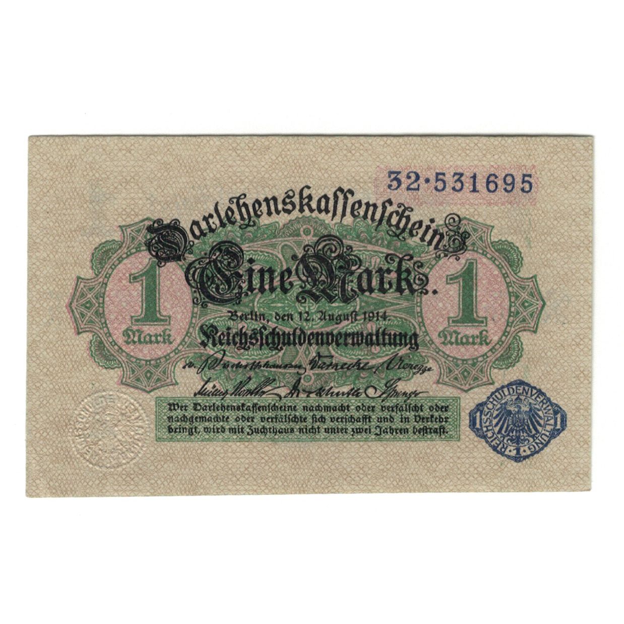 Banconote, Germania, Darlehnskassenschein (State Loan Currency Note), 1 Mark