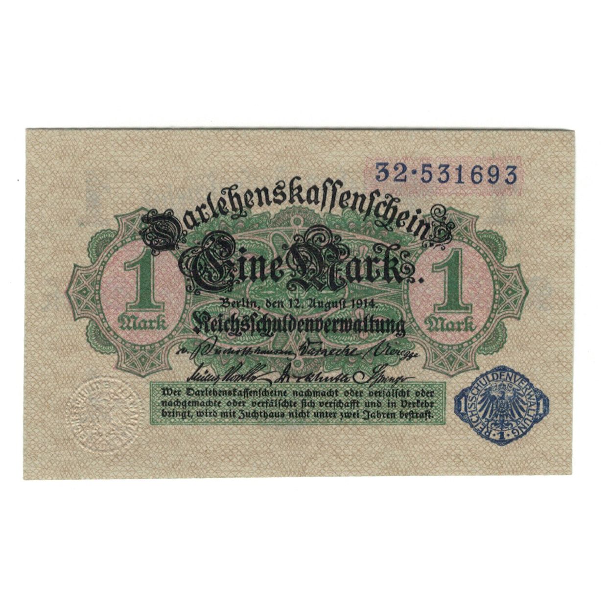 Banknote, Germany, Darlehnskassenschein (State Loan Currency Note), 1 Mark