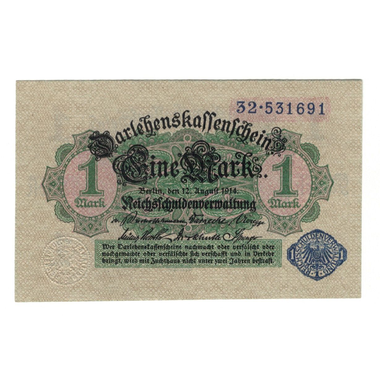 Banknote, Germany, Darlehnskassenschein (State Loan Currency Note), 1 Mark