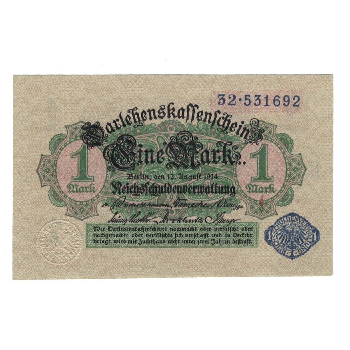 Banknote, Germany, Darlehnskassenschein (State Loan Currency Note), 1 Mark