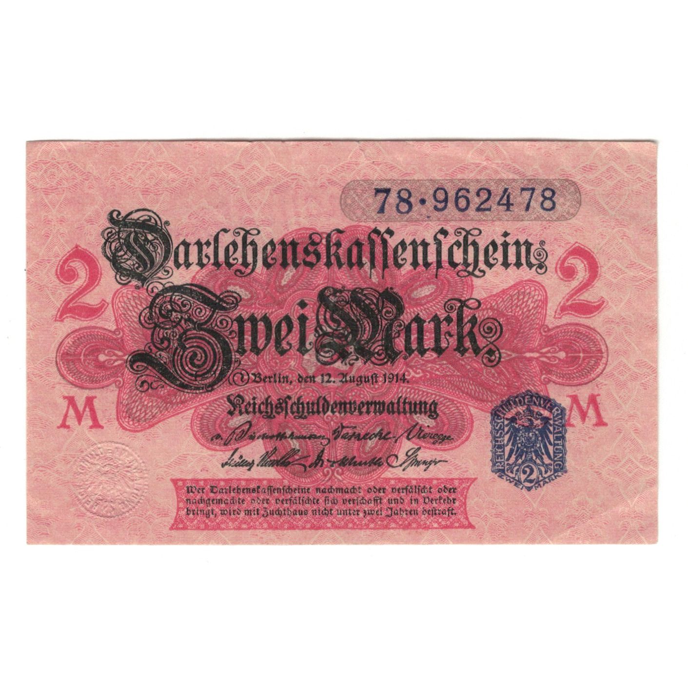 Banconote, Germania, Darlehnskassenschein (State Loan Currency Note), 2 Mark