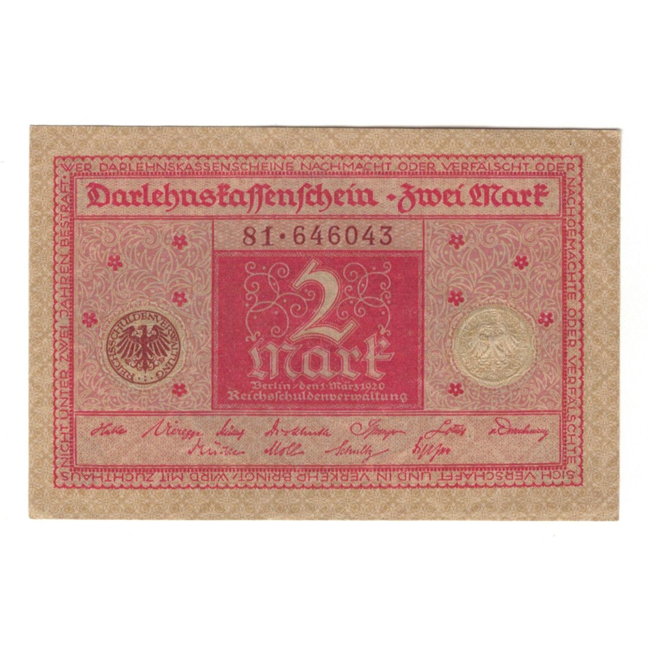 Nota, Alemanha, Darlehnskassenschein (State Loan Currency Note), 2 Mark, valeur