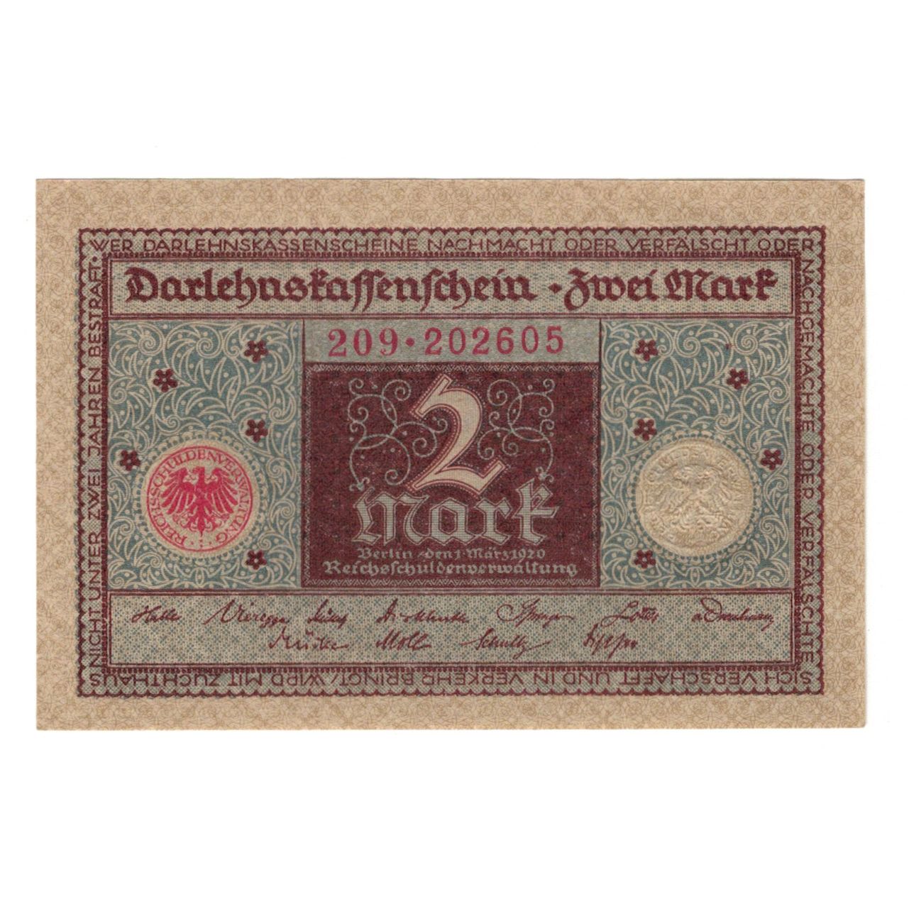 Banknote, Germany, Darlehnskassenschein (State Loan Currency Note), 2 Mark