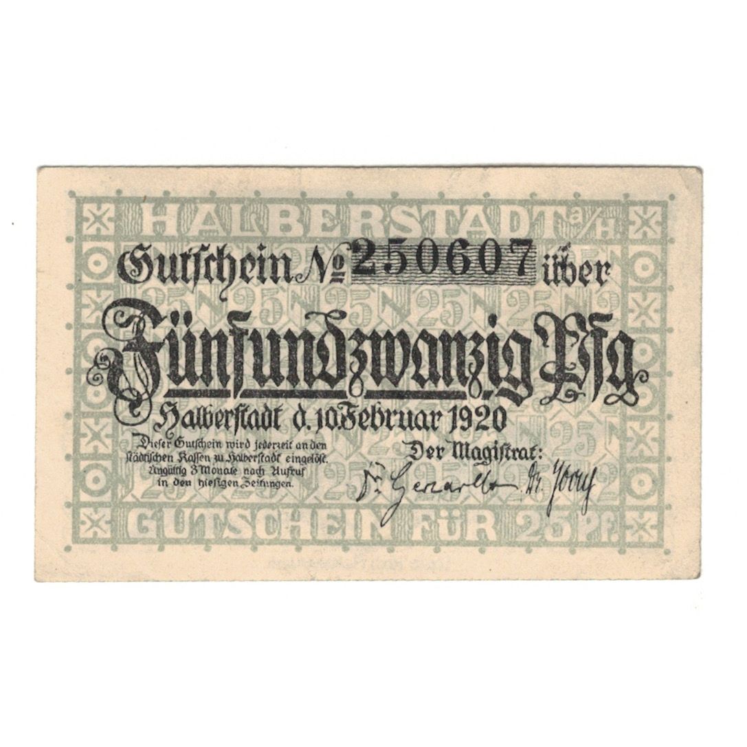 Banknote, Germany, Halberstadt Stadt, 25 Pfennig, personnage, 1920, 1920-02-10