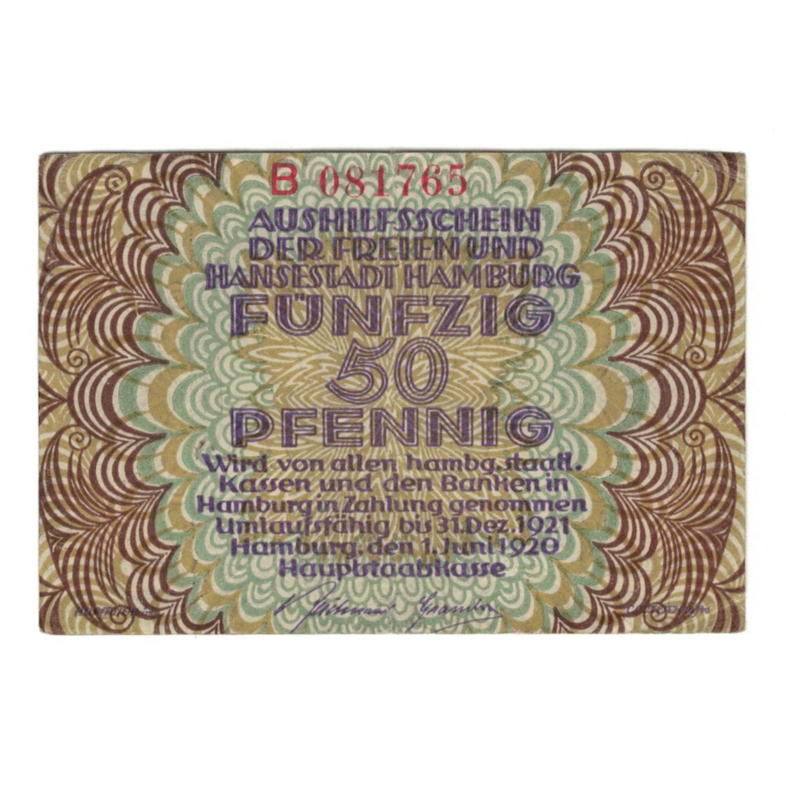Banknote, Germany, Hamburg Hauptstaatskasse, 50 Pfennig, Lions, 1921
