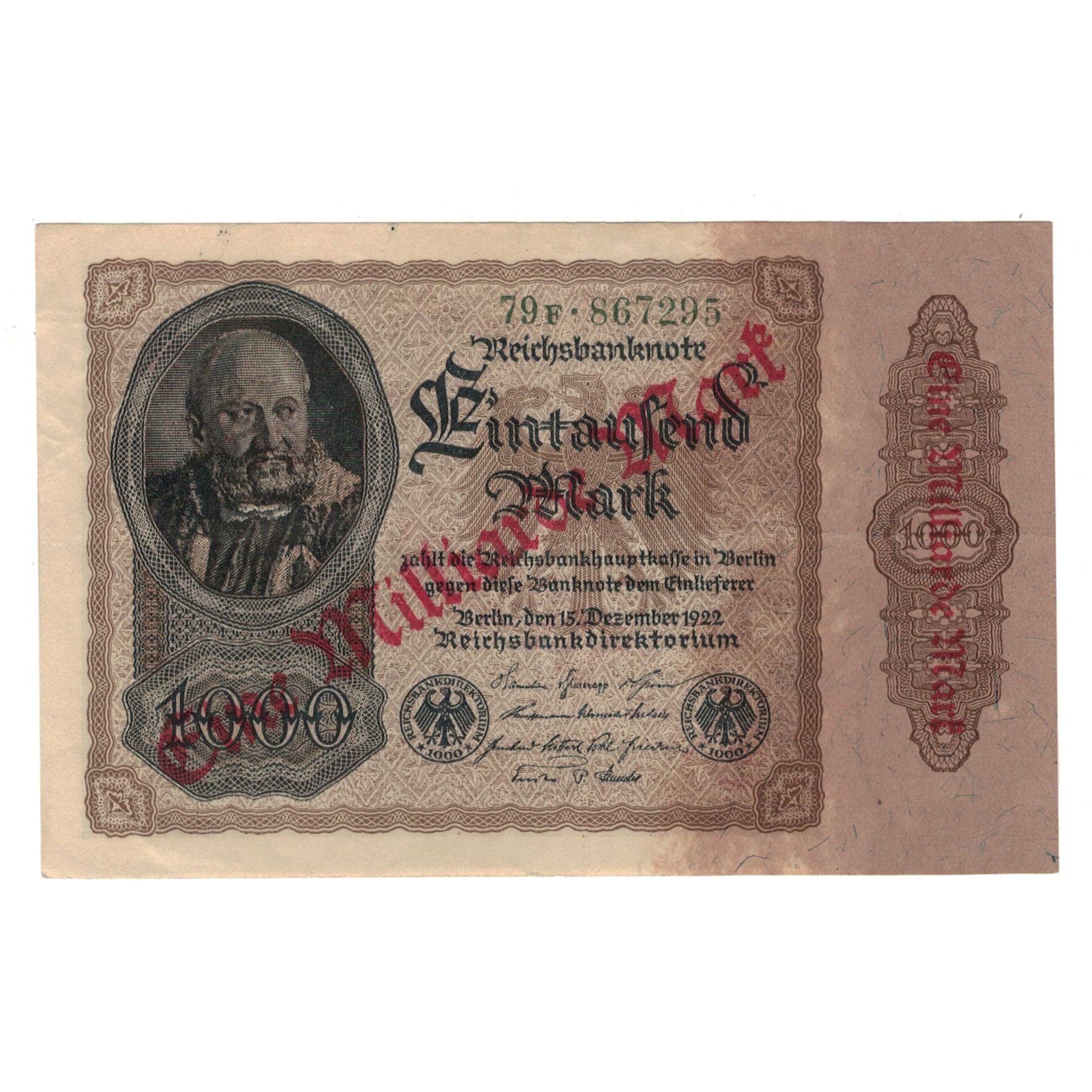 Banknote, Germany, 1 Milliarde Mark on 1000 Mark, 1922, 1922-12-15, AU(50-53)