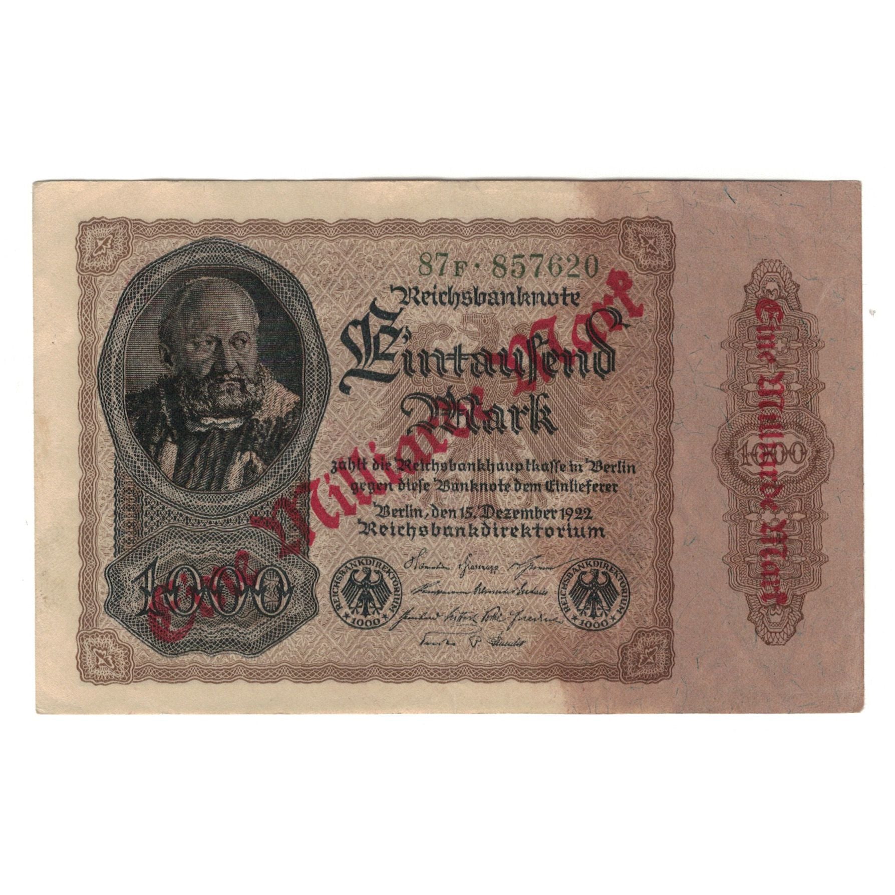 Banknote, Germany, 1 Milliarde Mark on 1000 Mark, 1922, 1922-12-15, AU(50-53)