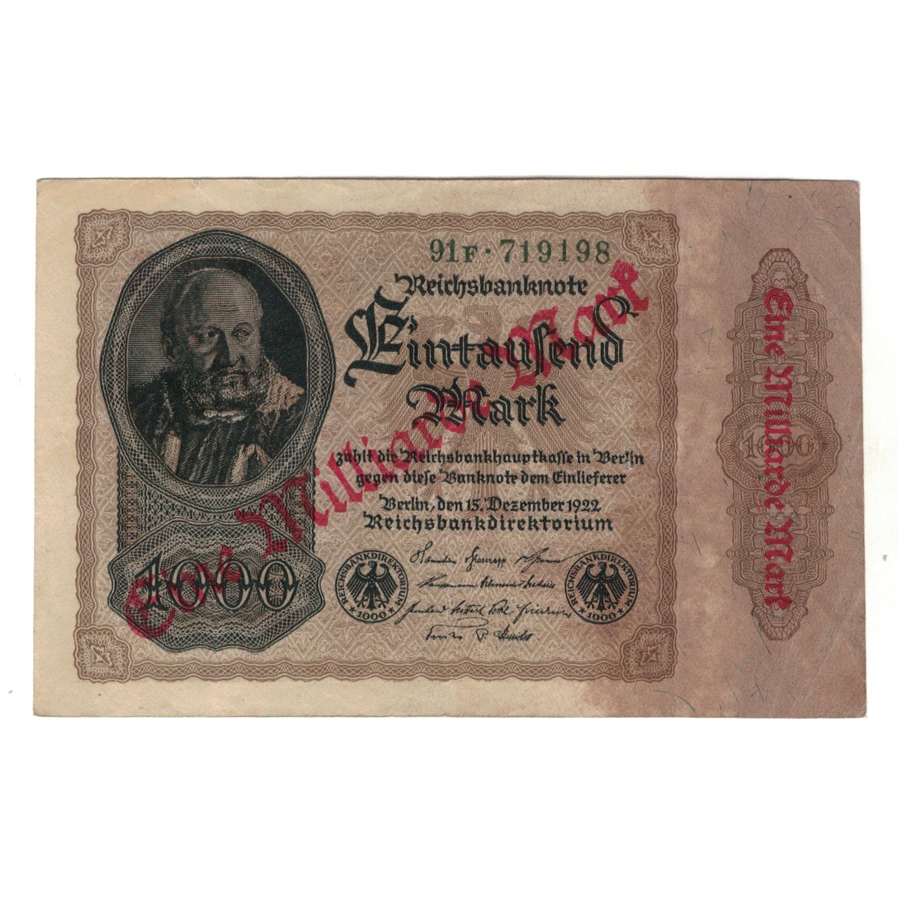 Geldschein, Deutschland, 1 Milliarde Mark on 1000 Mark, 1922, 1922-12-15, SS+