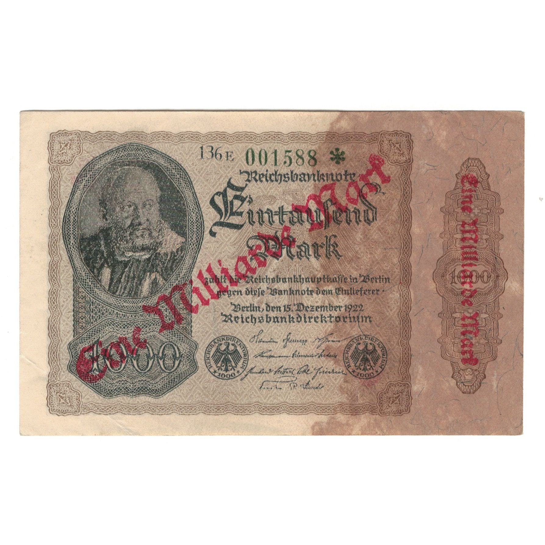 Banconote, Germania, 1 Milliarde Mark on 1000 Mark, 1922, 1922-12-15, BB+