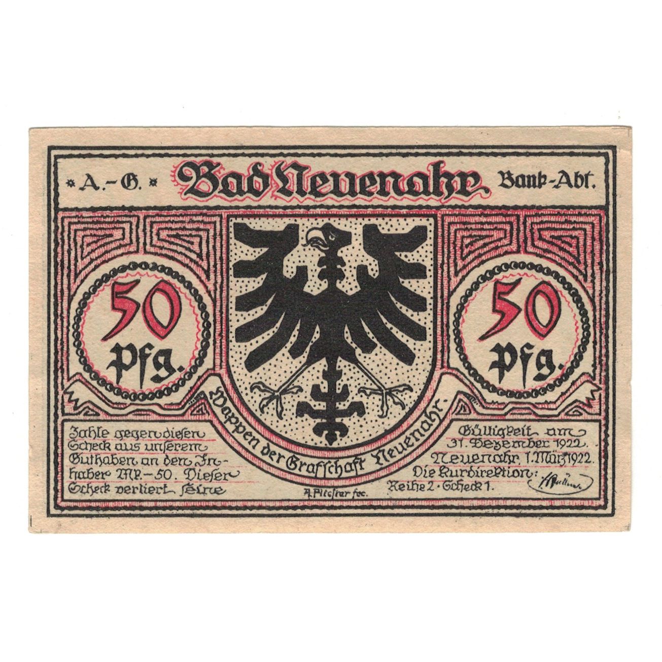 Banknote, Germany, Neuenahr, Bad Kurdirektion, 50 Pfennig, Batiment, 1922
