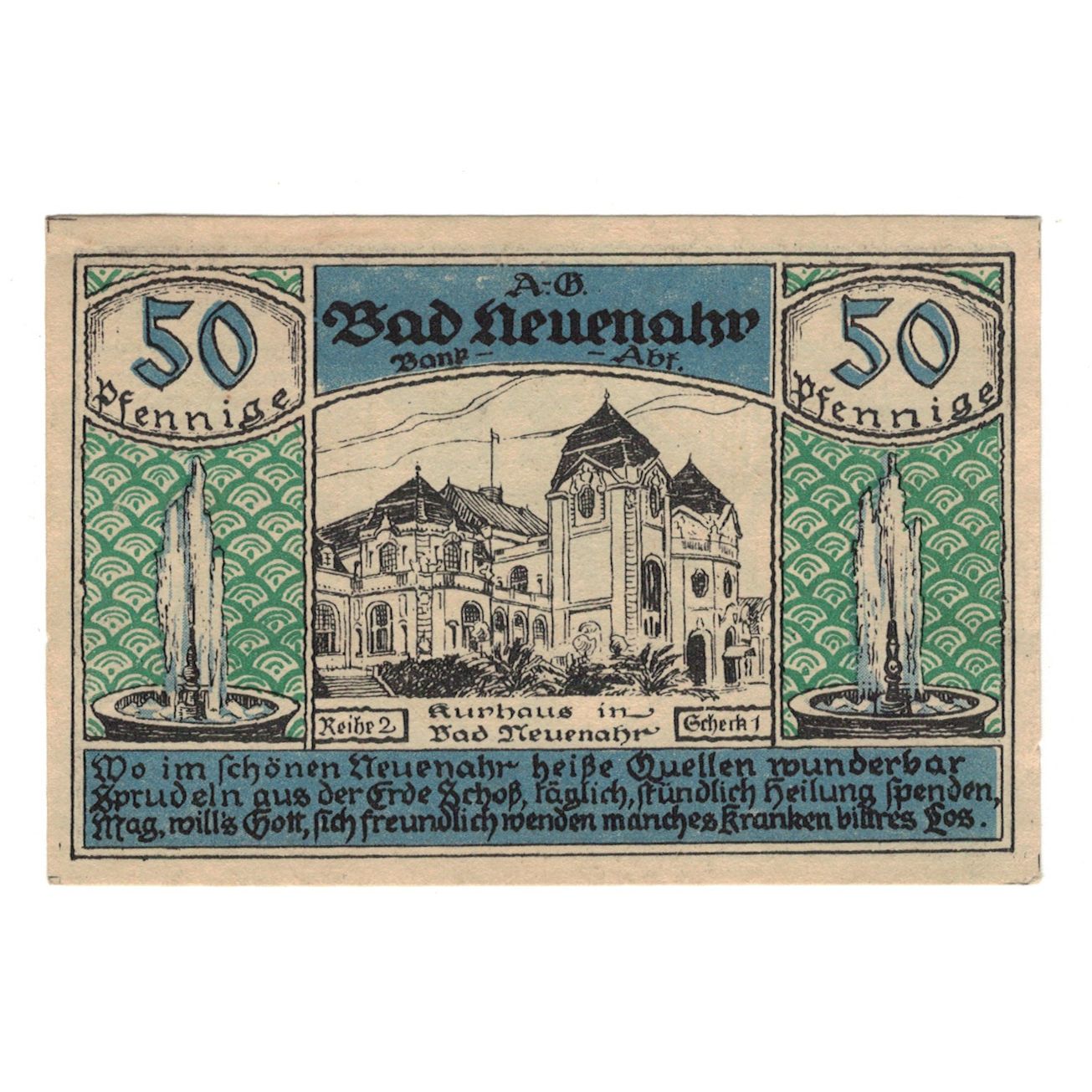 Banknote, Germany, Neuenahr, Bad Kurdirektion, 50 Pfennig, Batiment, 1922