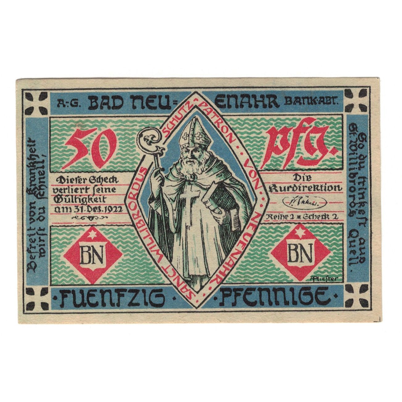 Banknote, Germany, Neuenahr, Bad Kurdirektion, 50 Pfennig, personnage, 1922