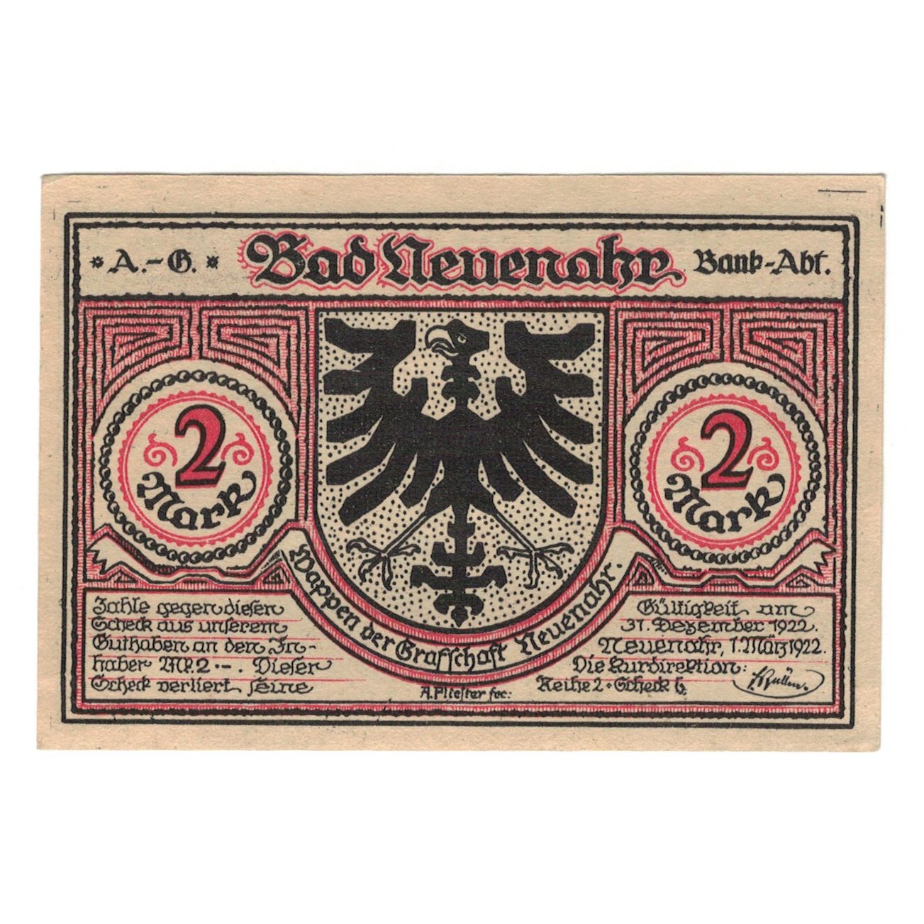 Banknote, Germany, Neuenahr, Bad Kurdirektion, 2 Mark, personnage, 1922