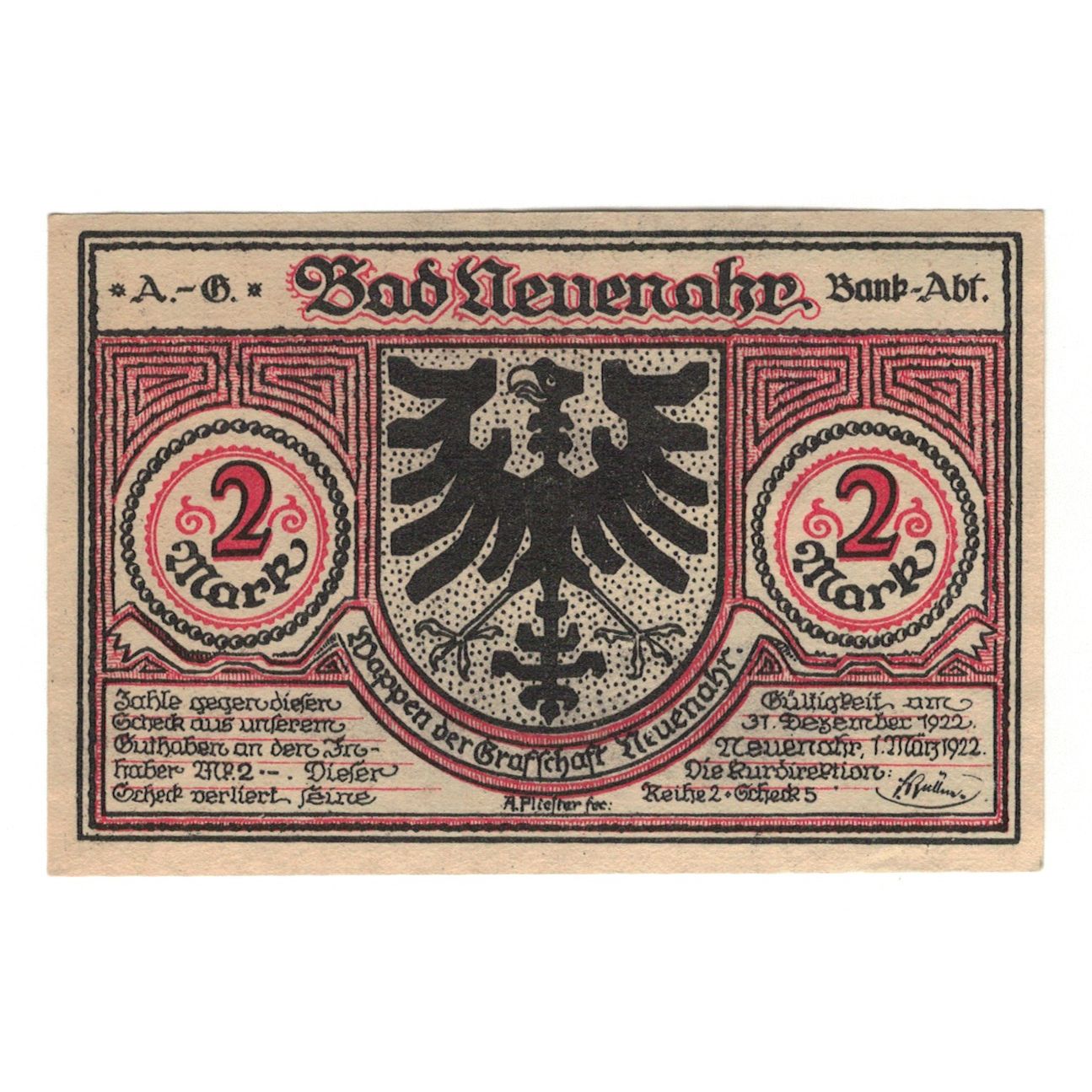 Banknote, Germany, Neuenahr, Bad Kurdirektion, 2 Mark, paysage, 1922