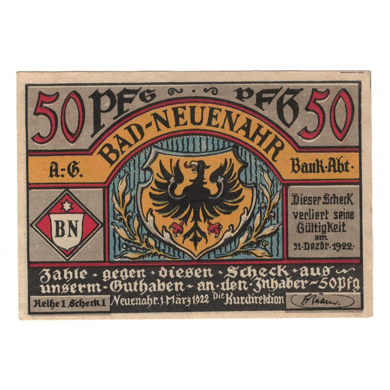 Banknote, Germany, Neuenahr, Bad Kurdirektion, 50 Pfennig, personnage, 1922
