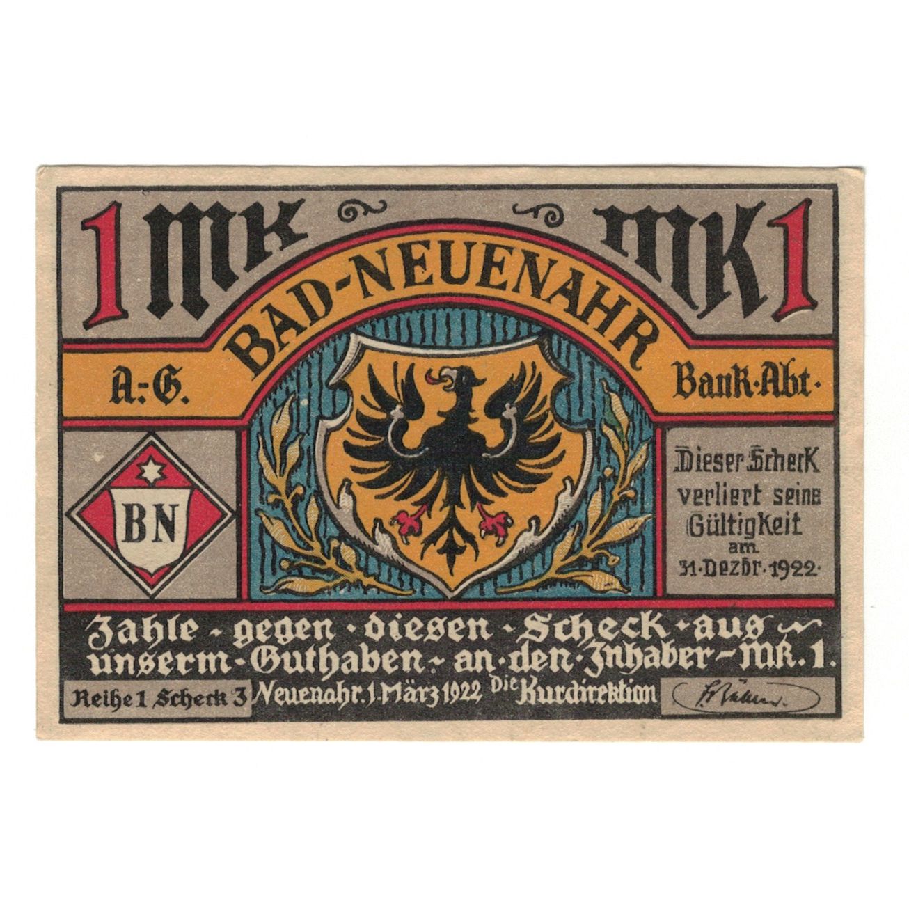 Banknote, Germany, Neuenahr, Bad Kurdirektion, 1 Mark, personnage, 1922