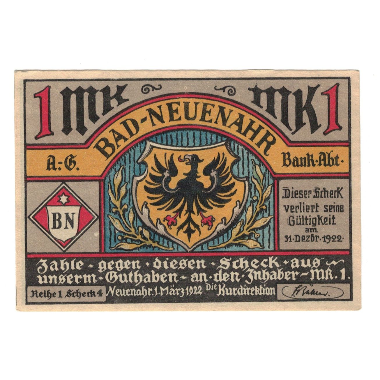 Geldschein, Deutschland, Neuenahr, Bad Kurdirektion, 1 Mark, personnage 1, 1922