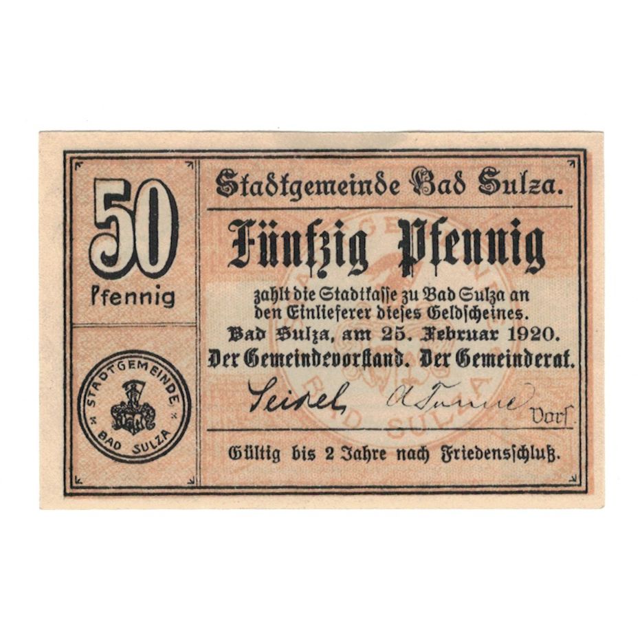 Banconote, Germania, Sulza Bad Stadt, 50 Pfennig, paysage, 1920, 1920-02-25