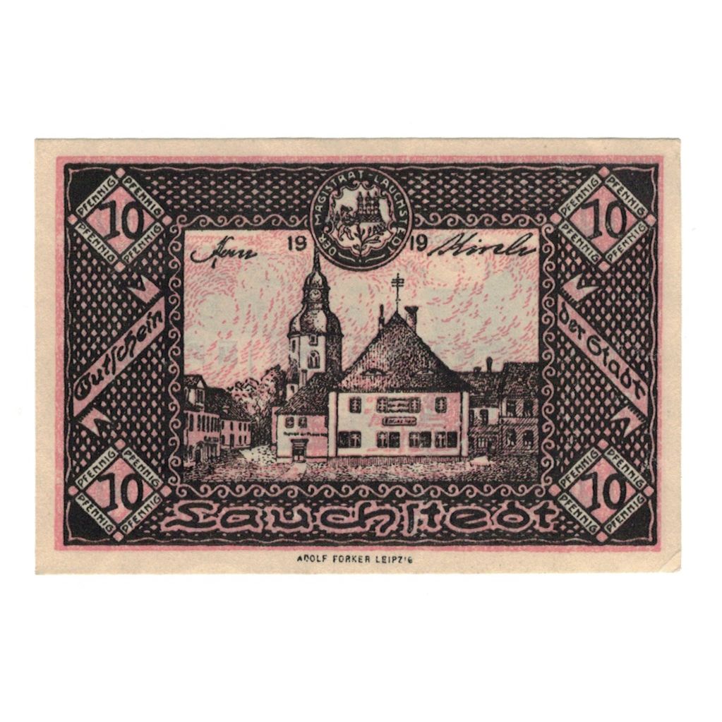 Banconote, Germania, Lauchstedt Stadt, 10 Pfennig, Batiment, 1919, SPL-