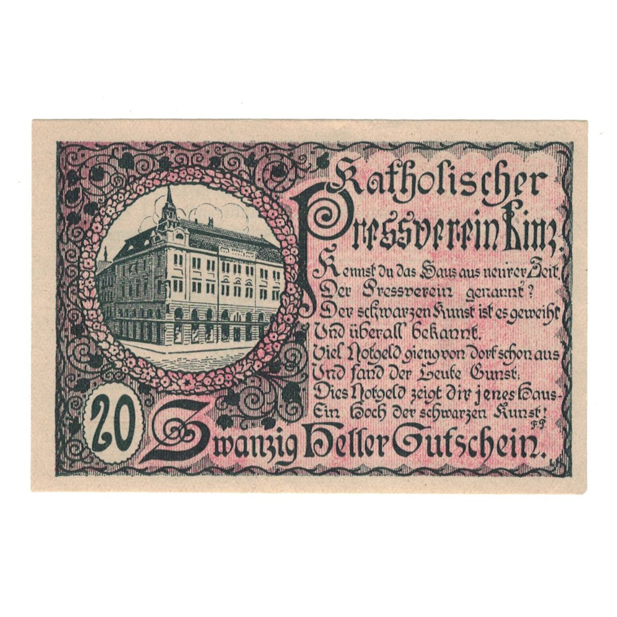 Banknote, Austria, Linz, Prv. Akad. Pressvereins-Buchdruckerei, 20 Heller