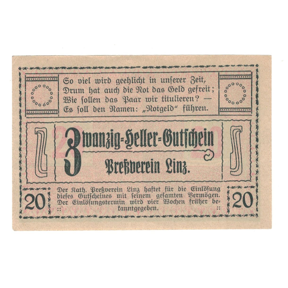 Banknote, Austria, Linz, Prv. Akad. Pressvereins-Buchdruckerei, 20 Heller