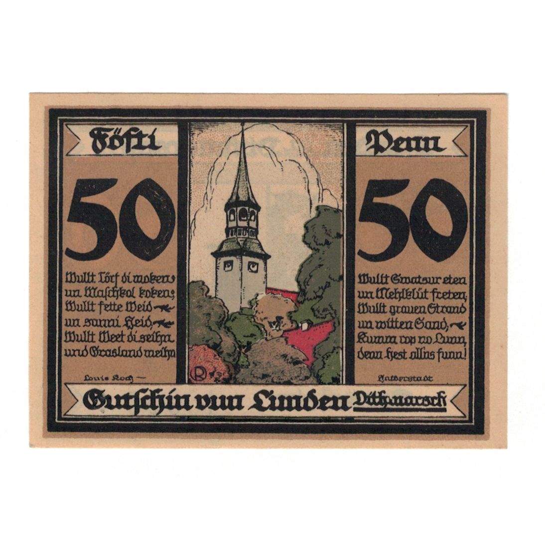 Banknote, Germany, Lunden Gemeinde, 50 Pfennig, Clocher, 1921, 1921-05-19