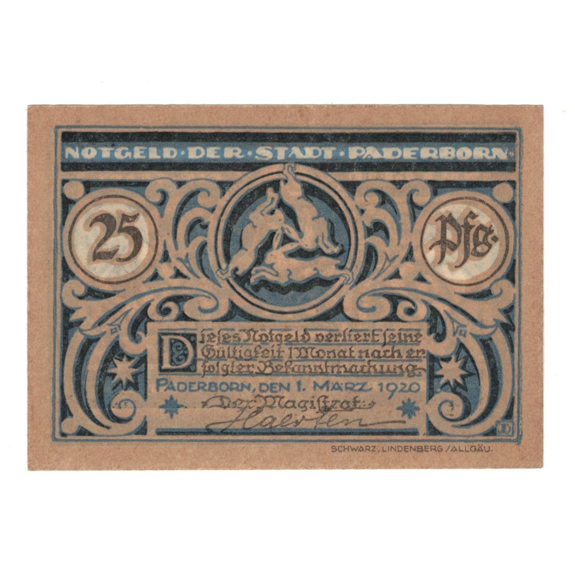 Geldschein, Deutschland, Paderborn Stadt, 25 Pfennig, personnage 1, 1920