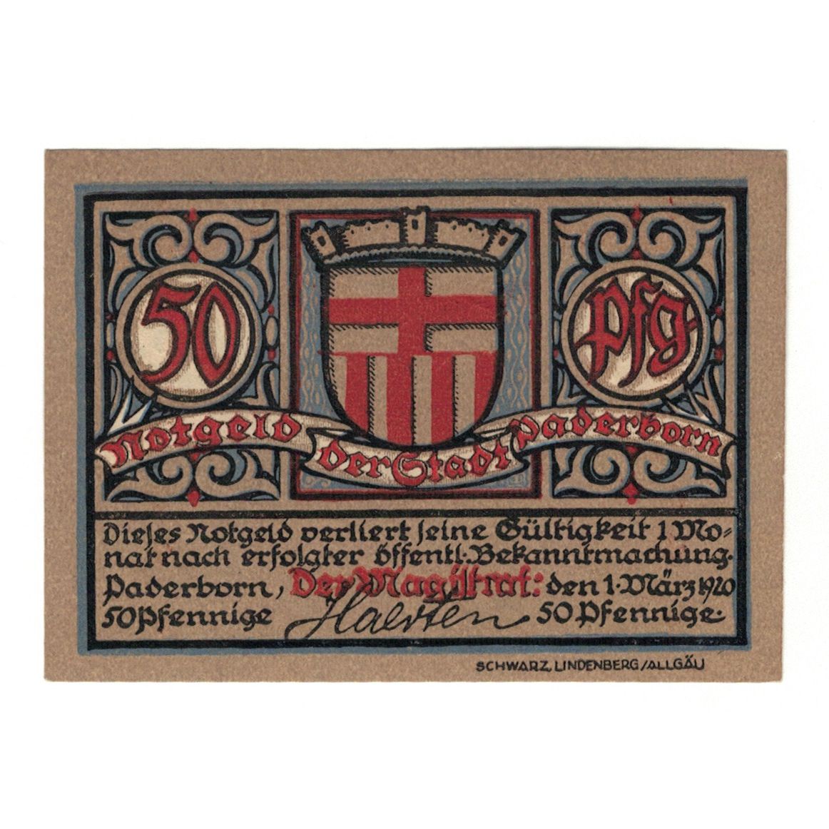 Banknote, Germany, Paderborn Stadt, 50 Pfennig, batiment 1, 1920, 1920-03-01