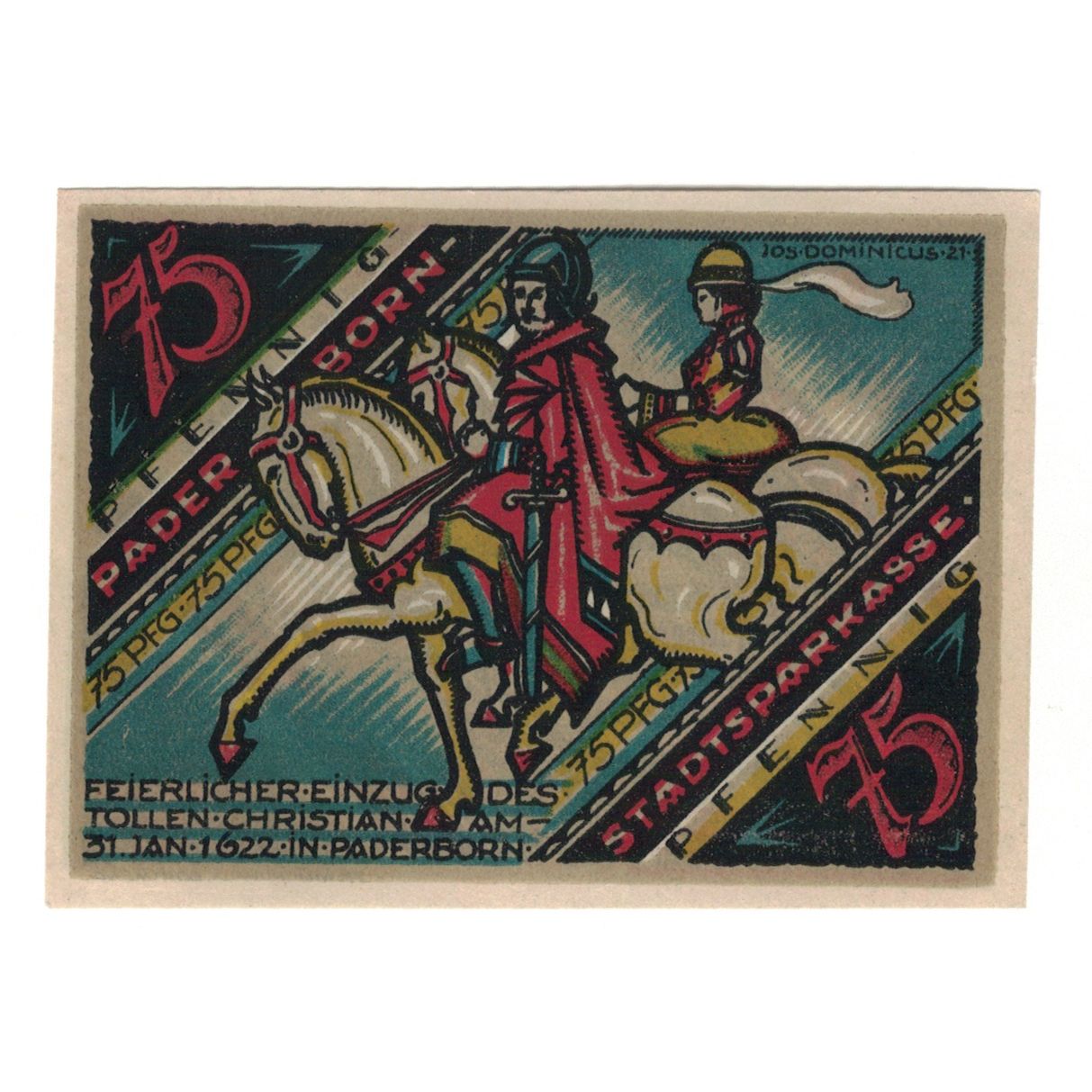 Banknote, Germany, Paderborn Stadt, 75 Pfennig, cavalier, 1921, 1921-11-10