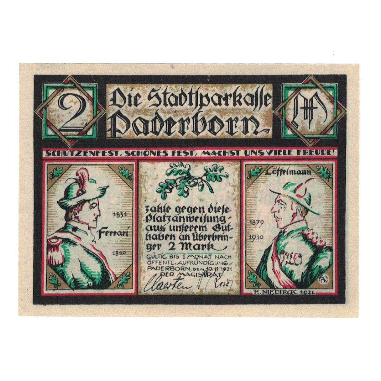 Banknote, Germany, Paderborn Stadt, 2 Mark, personnage, 1921, 1921-11-10