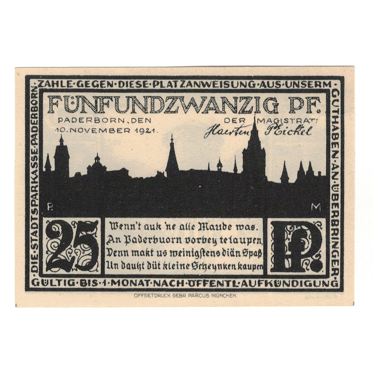 Banknote, Germany, Paderborn Stadt, 25 Pfennig, Batiment, 1921, 1921-11-10