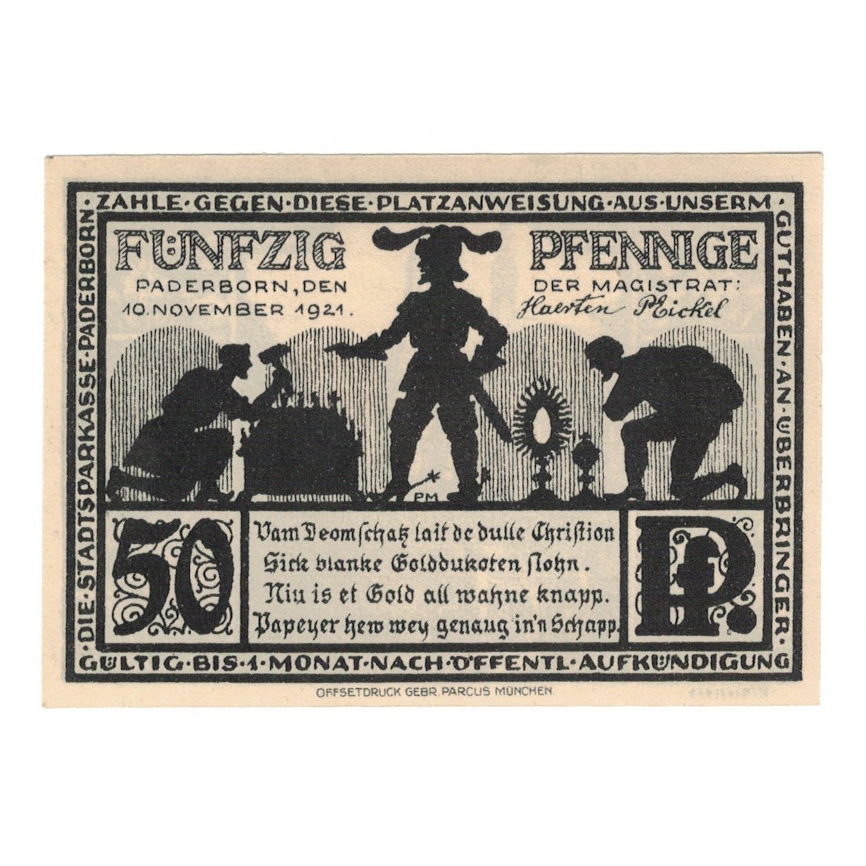 Banconote, Germania, Paderborn Stadt, 50 Pfennig, Eglise 1, 1921, 1921-11-10