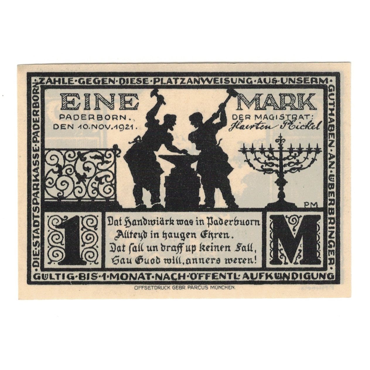 Banconote, Germania, Paderborn Stadt, 1 Mark, Clocher, 1921, 1921-11-10, SPL-