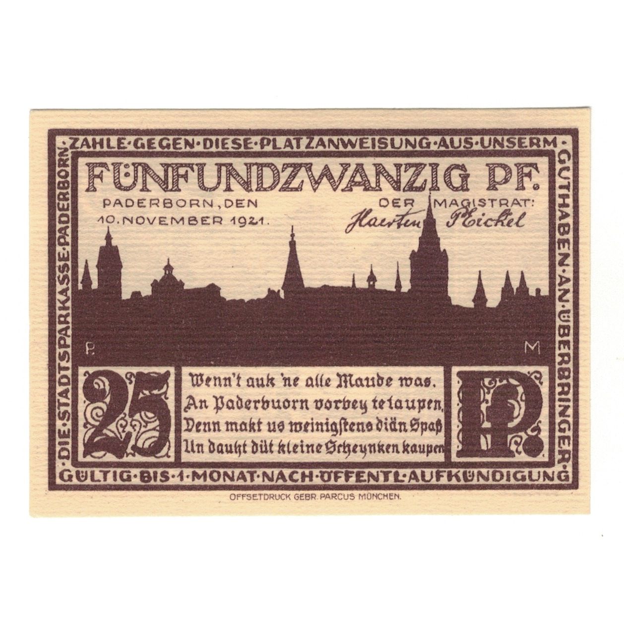 Banknote, Germany, Paderborn Stadt, 25 Pfennig, paysage, 1921, 1921-11-10