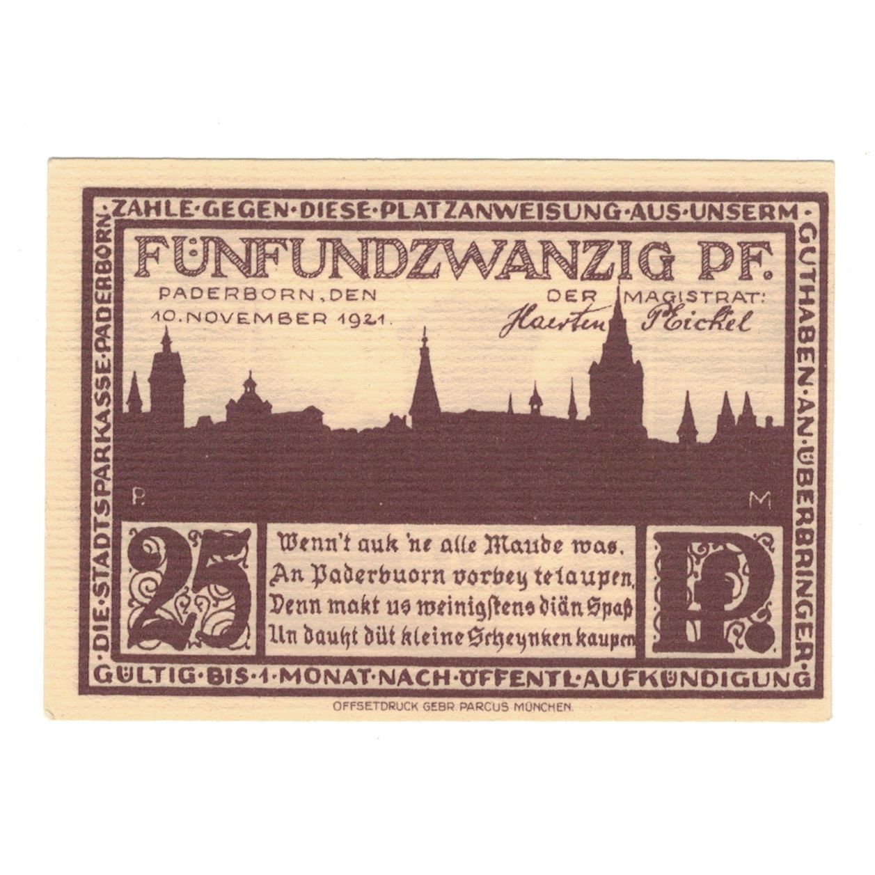 Banknote, Germany, Paderborn Stadt, 25 Pfennig, paysage 1, 1921, 1921-11-10